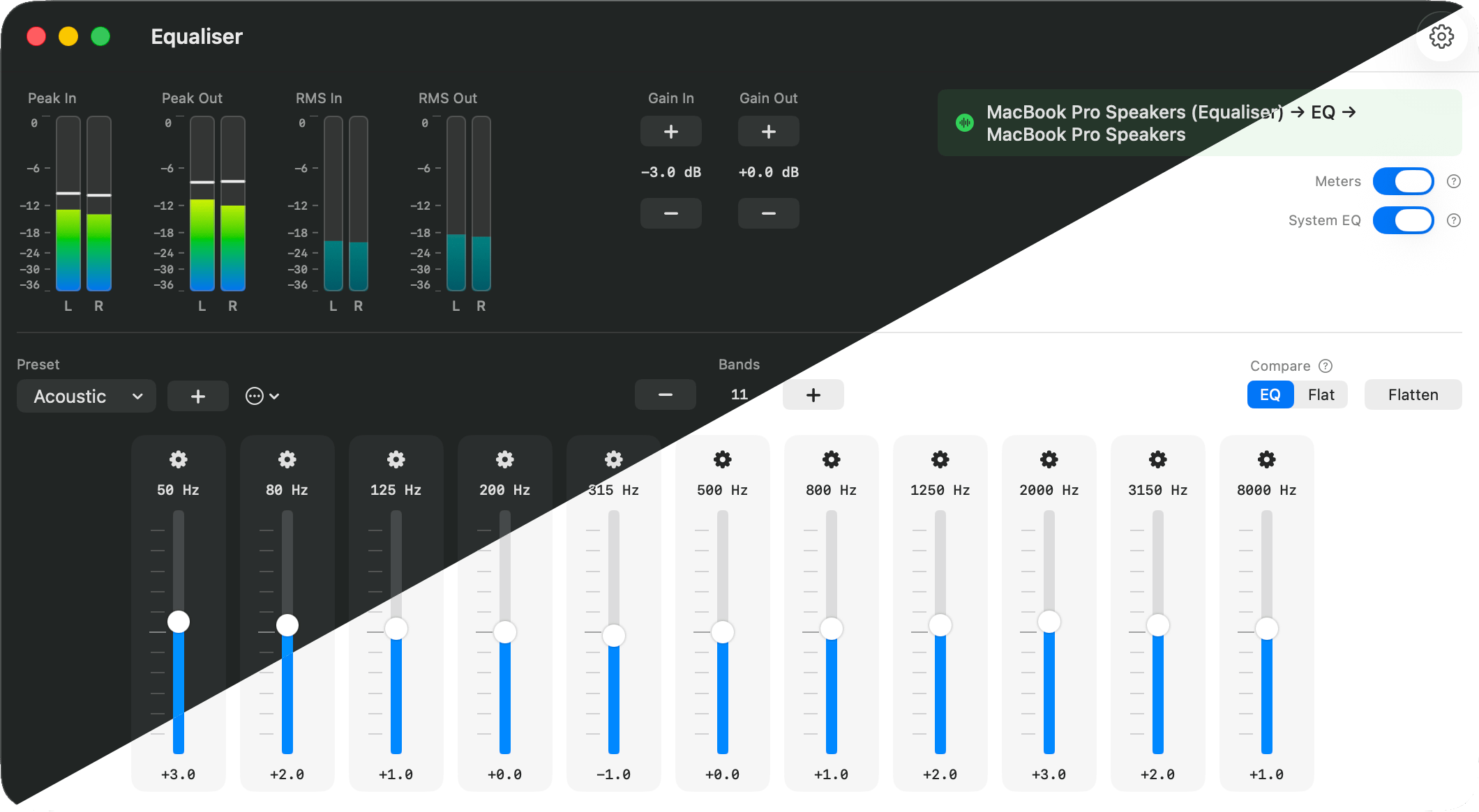 Equaliser main window showing 64-band parametric equalizer interface